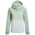 A soft green jacket with a hood features a zip front and color-block design. It appears lightweight and suitable for outdoor activities, standing against a plain background.