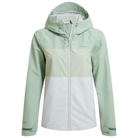 A soft green jacket with a hood features a zip front and color-block design. It appears lightweight and suitable for outdoor activities, standing against a plain background.