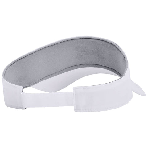 A white visor is displayed featuring a wide brim and an adjustable strap at the back offering sun protection while allowing air circulation ideal for outdoor activities like sports or leisure.