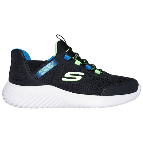 A black athletic shoe with a textured upper and colorful accents is displayed. It features a white sole and laces, designed for easy slip-on use. The context suggests a focus on comfort and style.