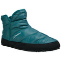 A teal insulated boot rests on a white background showcasing its soft puffy exterior and black sole designed for warmth and comfort in cold environments.