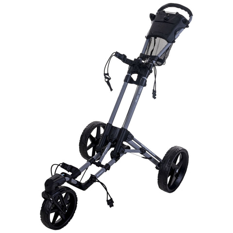 A golf push cart with three wheels is standing upright showcasing its adjustable handle and braking system against a neutral background, designed to aid golfers in transporting clubs and equipment.