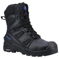 A black waterproof boot stands upright featuring a sturdy sole with pronounced treads and reinforced toe. It has a combination of synthetic and fabric materials with laces for secure fitting.