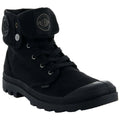 Black canvas ankle boot featuring a foldable collar with a logo patch shoelaces visible and a rubber toe cap situated on a plain background designed for casual wear