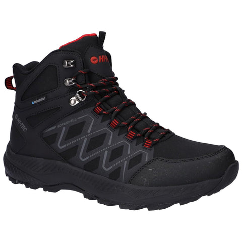 A black hiking boot features a high-top design with red accents and a textured pattern. It includes metal eyelets and robust laces suitable for outdoor activities in rugged terrains.