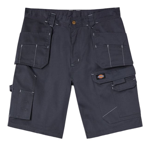 Dark gray cargo shorts with multiple pockets are displayed flat on a white background highlighting their practical design suitable for outdoor activities and work environments.