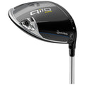 A golf driver is positioned at an angle with a sleek black and silver design featuring a raised brand logo and adjustable features showcasing its modern technology against a plain background.