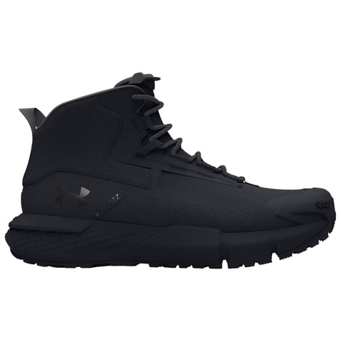 A black high-top athletic shoe stands upright showcasing its textured materials and sturdy sole designed for performance in a sports or outdoor environment.