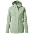 A light green hooded jacket is displayed frontally featuring a zipper and pockets designed for outdoor wear in moderate climates emphasizing functionality and comfort.