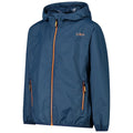 A blue jacket stands upright with a hood and orange zipper details the jacket is designed for outdoor wear ready for various weather conditions