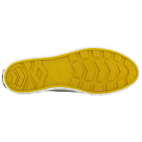 A sneaker sole features a yellow rubber bottom with textured patterns and treads for traction surrounded by a white midsole indicating durability and design for active use.