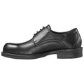 A black leather dress shoe is displayed standing on its side laces are tied it has a smooth upper and a slightly raised sole suitable for formal occasions.