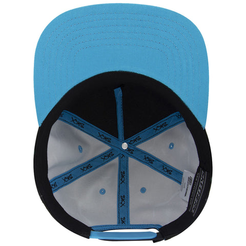 A blue and black baseball cap is viewed from underneath showing its inner lining and stitching patterns with circular ventilation holes and a central button for fit adjustment.