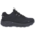 A black athletic shoe features a textured upper, lace-up design, and cushioned sole. It is positioned against a neutral background, emphasizing its sleek and modern look.