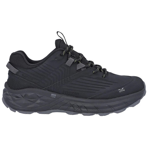 A black athletic shoe features a textured upper, lace-up design, and cushioned sole. It is positioned against a neutral background, emphasizing its sleek and modern look.