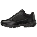 A black athletic shoe features a mix of leather and mesh materials the shoe is positioned upright showcasing its design and structure against a plain background