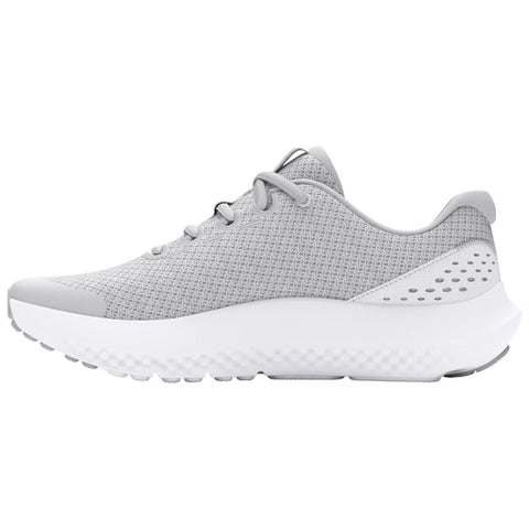 A gray athletic shoe is positioned on a plain background showcasing its mesh upper and cushioned sole designed for comfort and support during physical activities.