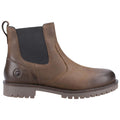 A brown leather Chelsea boot features a black elastic side panel and a rugged sole providing traction suitable for casual or semi-formal settings showcasing durability and style.