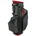 A black and red golf bag stands upright featuring multiple zippered pockets and a waterproof design. It is equipped with a handle and strap for carrying on the golf course.