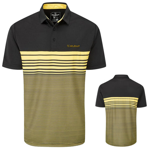 A polo shirt is displayed featuring a black upper section with horizontal yellow stripes and a lower section in a muted green color showcasing a logo on the upper left side