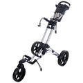 A lightweight golf pushcart is positioned upright with a sturdy aluminum frame and black wheels featuring a modern design the cart is equipped with adjustable handles for easy maneuvering