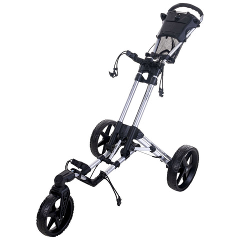 A lightweight golf pushcart is positioned upright with a sturdy aluminum frame and black wheels featuring a modern design the cart is equipped with adjustable handles for easy maneuvering