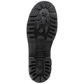 A black safety shoe sole is displayed with prominent tread patterns and symbols The sole indicates industrial safety standards and is designed for slip resistance in demanding environments