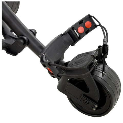 A black electric scooter wheel connects to a frame; it features a prominent brake mechanism and two buttons. The setting is neutral with no additional context or surroundings visible.