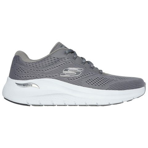 A grey athletic shoe with mesh panels sits upright showcasing its padded collar and laces designed for comfort and support ideal for walking or running activities.