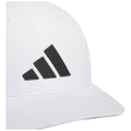 A white cap displays a prominent black three-stripe logo on its front the cap is likely suitable for casual or athletic wear