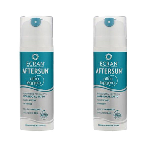 Two bottles of Ecran Aftersun cream are displayed side by side. Each bottle has a white top and features turquoise and silver labeling indicating it is ultra-light and reparative with a dermatologically tested statement.