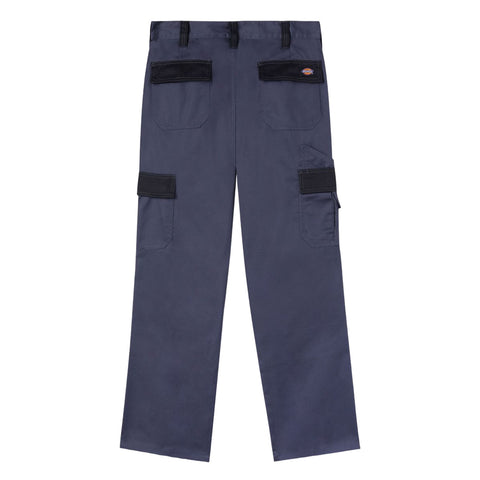 Navy blue cargo pants are displayed flat with several pockets and a sturdy waistband showcasing practical design suitable for work or outdoor activities.