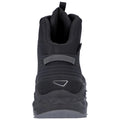 A black athletic shoe stands upright showcasing its textured fabric and sturdy design the shoe features a pull tab and additional grip on the sole for enhanced traction