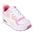 A multicolored sneaker features a white base with pink and yellow accents showcasing a rounded toe and a thick sole indicating comfort and style suitable for casual wear.