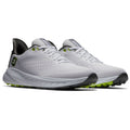 A pair of white athletic shoes with a sleek design sits on a flat surface the shoes feature a textured upper and contrasting black and neon green accents for style and grip.