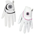 Two golf gloves are displayed side by side one is predominantly white with black accents and the other is white with pink accents both designed for improved grip and comfort during play