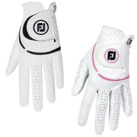 Two golf gloves are displayed side by side one is predominantly white with black accents and the other is white with pink accents both designed for improved grip and comfort during play