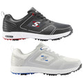 Stuburt Mens XP II Golf Shoes SBSHU1126 Two pairs of golf shoes are displayed side by side. The top pair is black with grey accents and the bottom pair is white with light grey accents. Both shoes have spiked soles and "waterproof" labels on the heel.