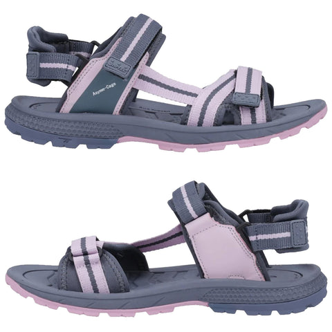 Footwear consists of two pairs of sporty sandals featuring grey and pink colors with adjustable straps designed for comfort and outdoor activities displayed on a plain background.