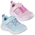 Two pairs of children's athletic shoes are displayed with one pair in light pink and the other in light blue both featuring mesh fabric and elastic laces with velcro straps for easy wear