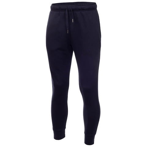 Dark blue sweatpants are displayed standing upright showcasing a tapered fit and an elastic waistband with drawstrings nearby in a neutral setting devoid of any specific background details