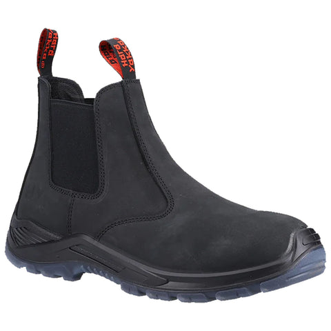 A black slip-on boot is displayed featuring elastic side panels for easy wear a rugged sole for traction and two pull tabs for assistance in putting on the boot.