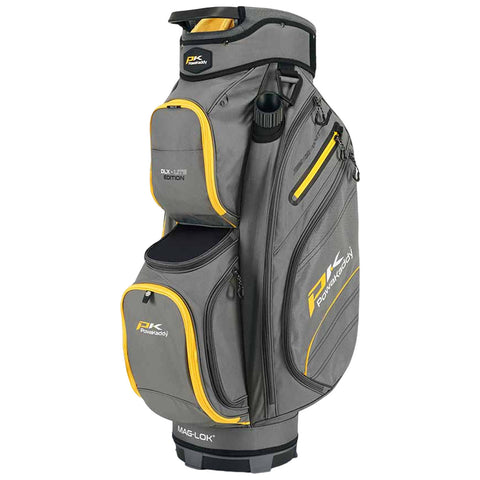 A gray golf bag with yellow accents stands upright featuring multiple zippered pockets and a compartmentalized top for clubs. It includes a water bottle holder and a branded base.