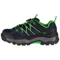 A mountain hiking shoe features a navy blue fabric exterior with green accents laces and a rugged sole for traction designed for outdoor activities in uneven terrains.