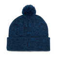 A knitted blue beanie hat with a pom-pom sits upright displaying a textured pattern and a folded cuff showcasing its cozy design suitable for cold weather.