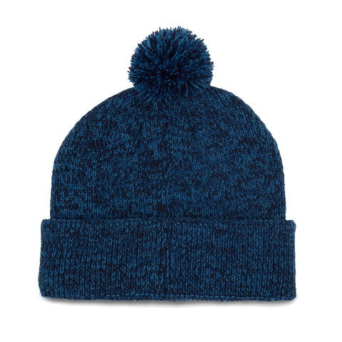 A knitted blue beanie hat with a pom-pom sits upright displaying a textured pattern and a folded cuff showcasing its cozy design suitable for cold weather.