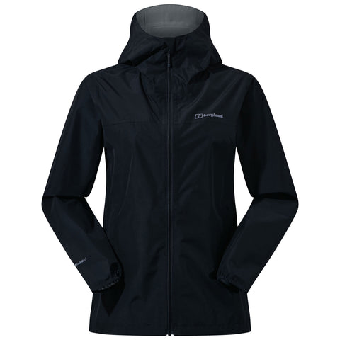 A black waterproof jacket with a hood is displayed front-facing with the zipper closed highlighting its sleek design. The surrounding context is neutral emphasizing the jacket's features and texture.