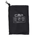 A black waterproof storage bag features the label CMP highlighting its properties with icons for waterproof sealed seams and windproof features in a simple design suitable for outdoor use.