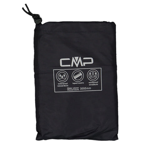 A black waterproof storage bag features the label CMP highlighting its properties with icons for waterproof sealed seams and windproof features in a simple design suitable for outdoor use.