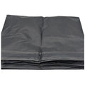 A folded black tarp lies flat on a surface showcasing a smooth texture with visible seams highlighting its utility for outdoor protection or covering purposes.